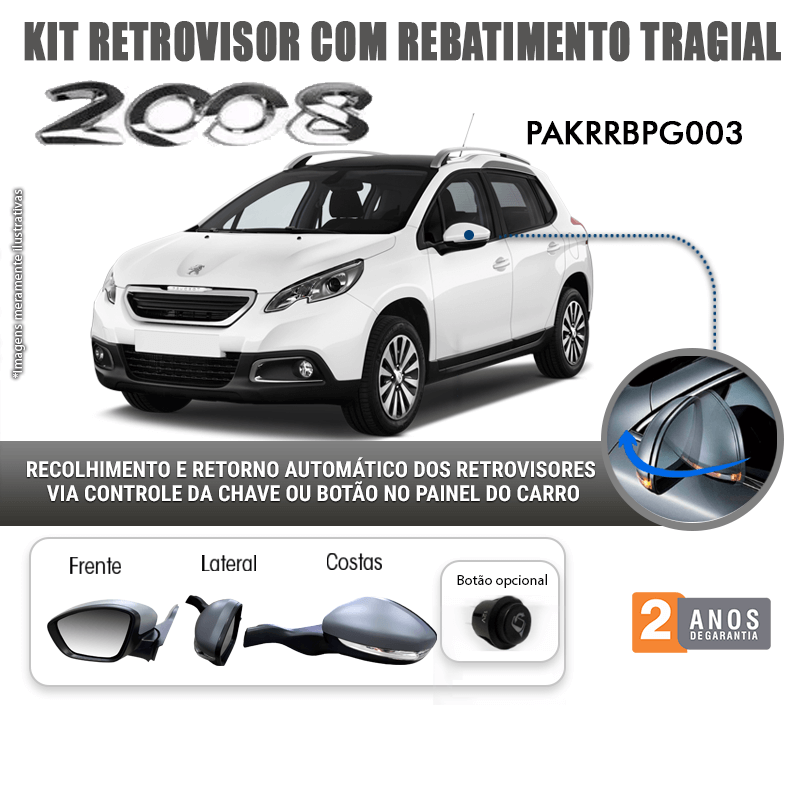 Kit Retrovisor Rebatimento Peugeot 2008 2015 em Diante Tragial
