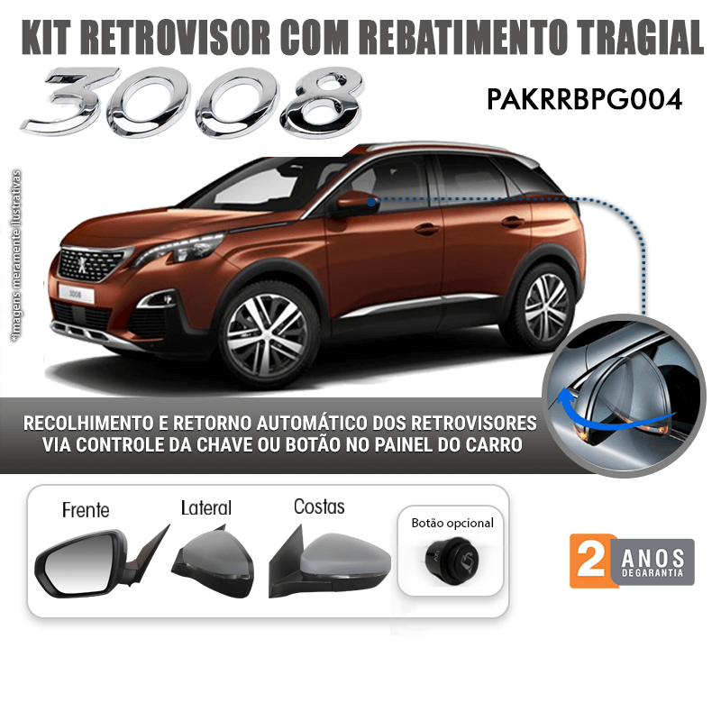 Kit Retrovisor Rebatimento Peugeot 3008 2018 em Diante Tragial