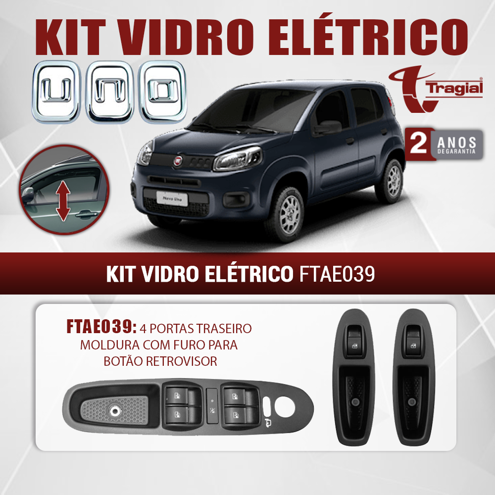 Kit Vidro Elétrico com Sistema Antiesmagamento Fiat Novo Uno Evolution 4 Portas Traseiro Tragial