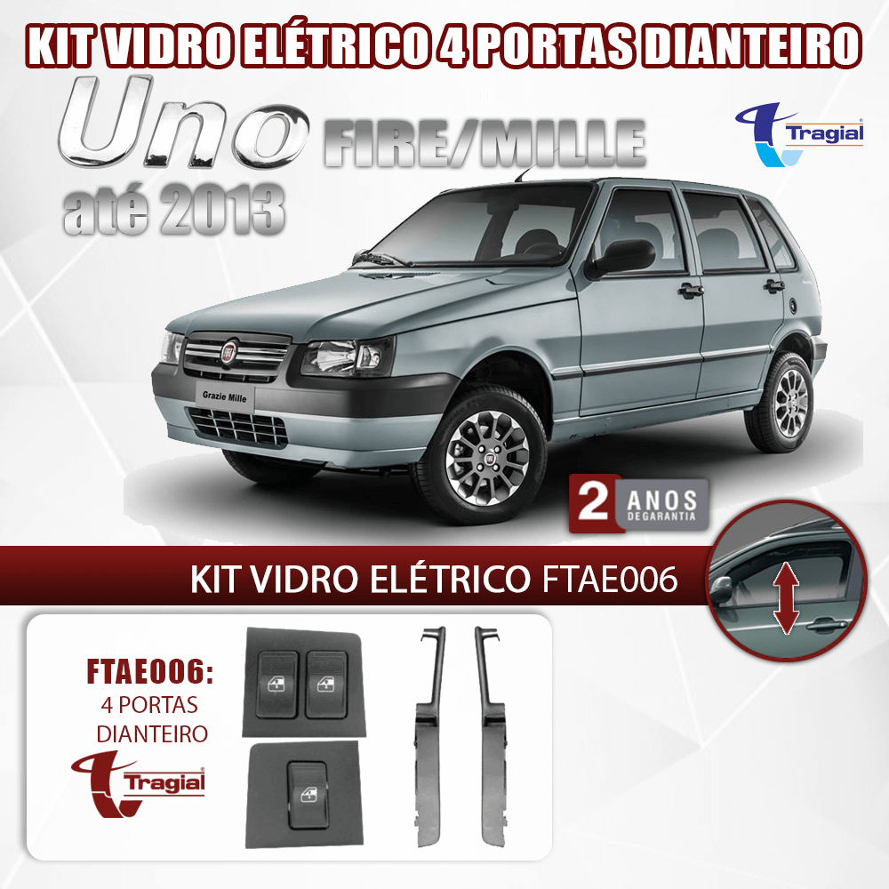 Kit Vidro Elétrico com Sistema Antiesmagamento Fiat Uno 4 Portas Dianteiro Tragial