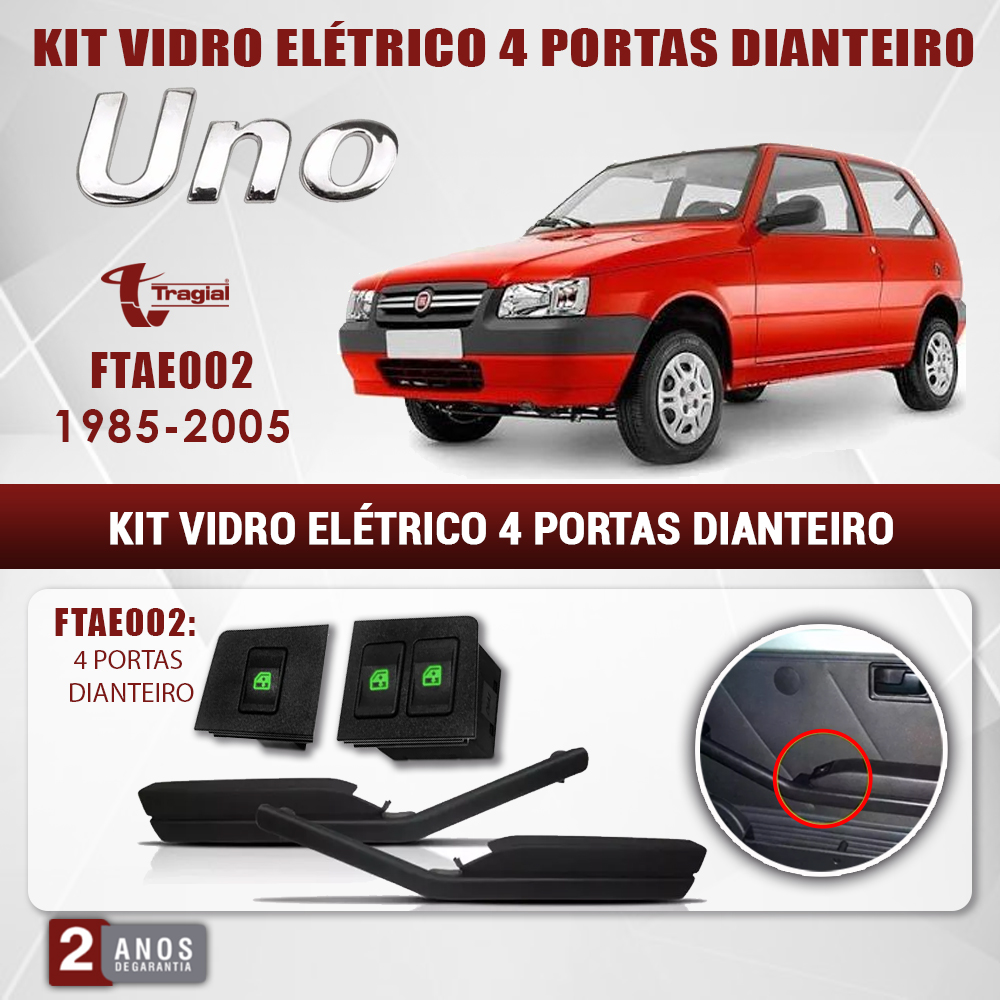 Kit Vidro Elétrico com Sistema Antiesmagamento Fiat Uno 1985-2005  4 Portas Dianteiro Tragial