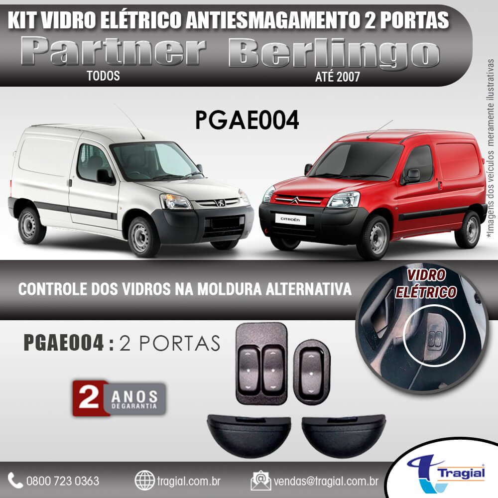 Kit Vidro Elétrico com Sistema Antiesmagamento Peugeot Partner 2 Portas Tragial
