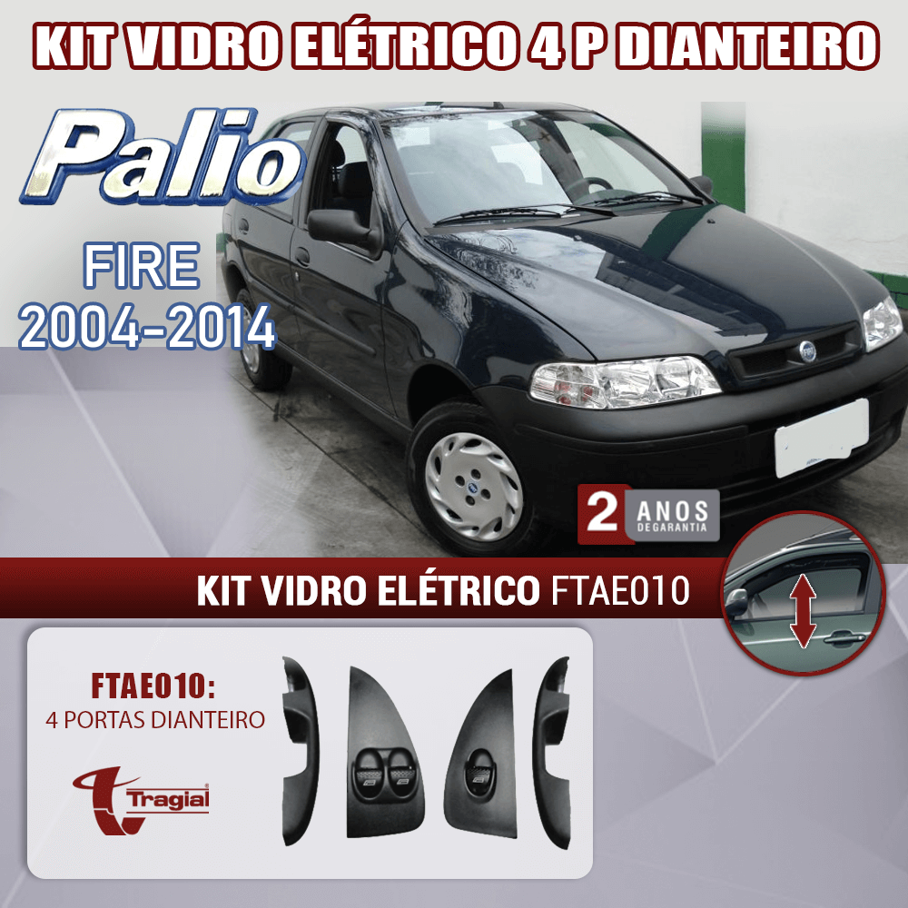 Kit Vidro Elétrico com Sistema Antiesmagamento Fiat Pálio Fire 2004 4 Portas Dianteiro Tragial