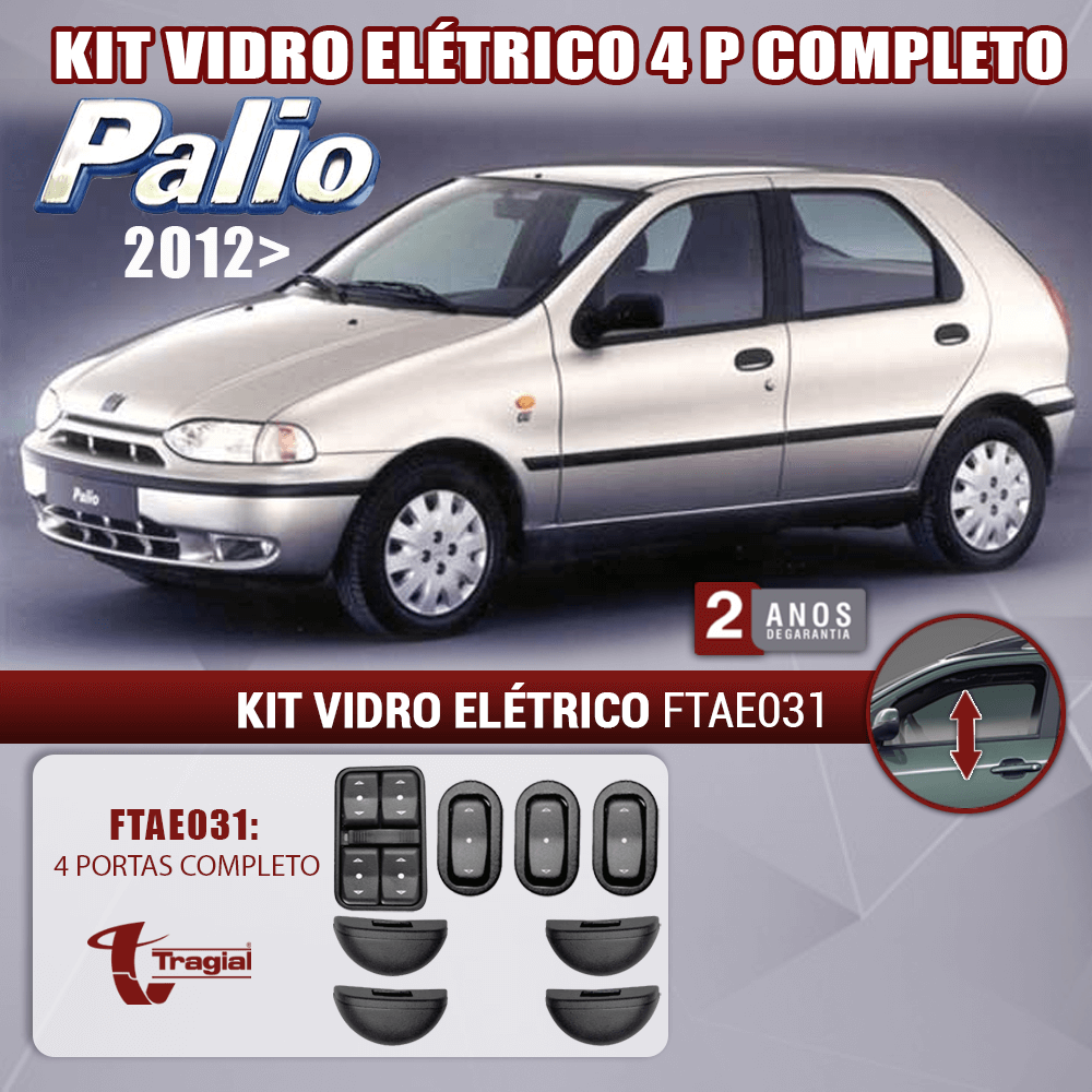 Kit Vidro Elétrico com Sistema Antiesmagamento Fiat Pálio 2012 4 Portas Completo Tragial