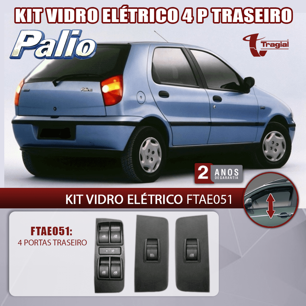 Kit Vidro Elétrico com Sistema Antiesmagamento Fiat Palio HLX – ELX- EL  4 Portas Traseiro Tragial