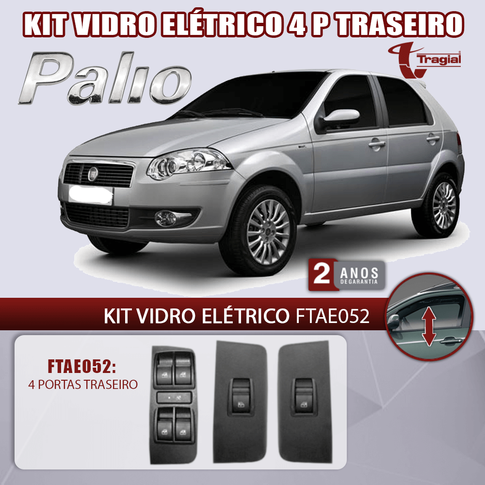 Kit Vidro Elétrico com Sistema Antiesmagamento Fiat Palio HLX – ELX- EL 2010 4 Portas Traseiro Tragial