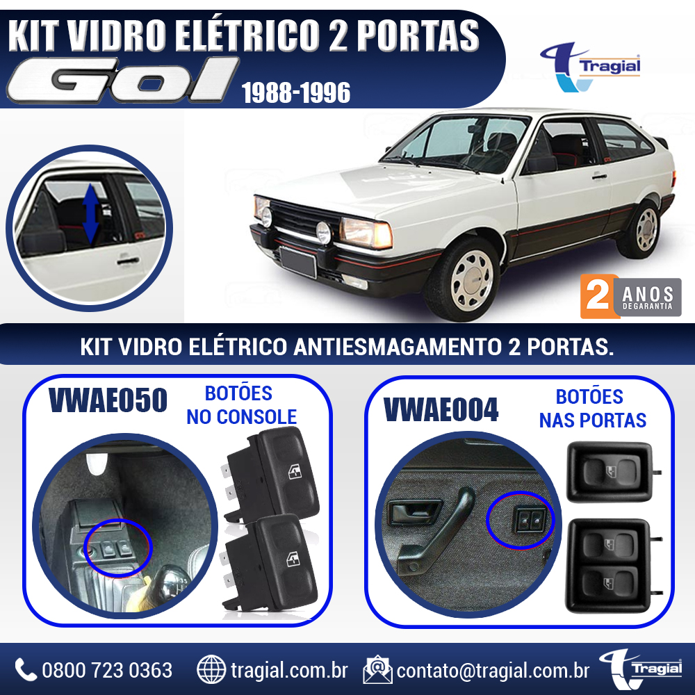 Kit Vidro Elétrico com Sistema Antiesmagamento Volkswagen Gol Quadrado 2 Portas 1988-1996 Tragial
