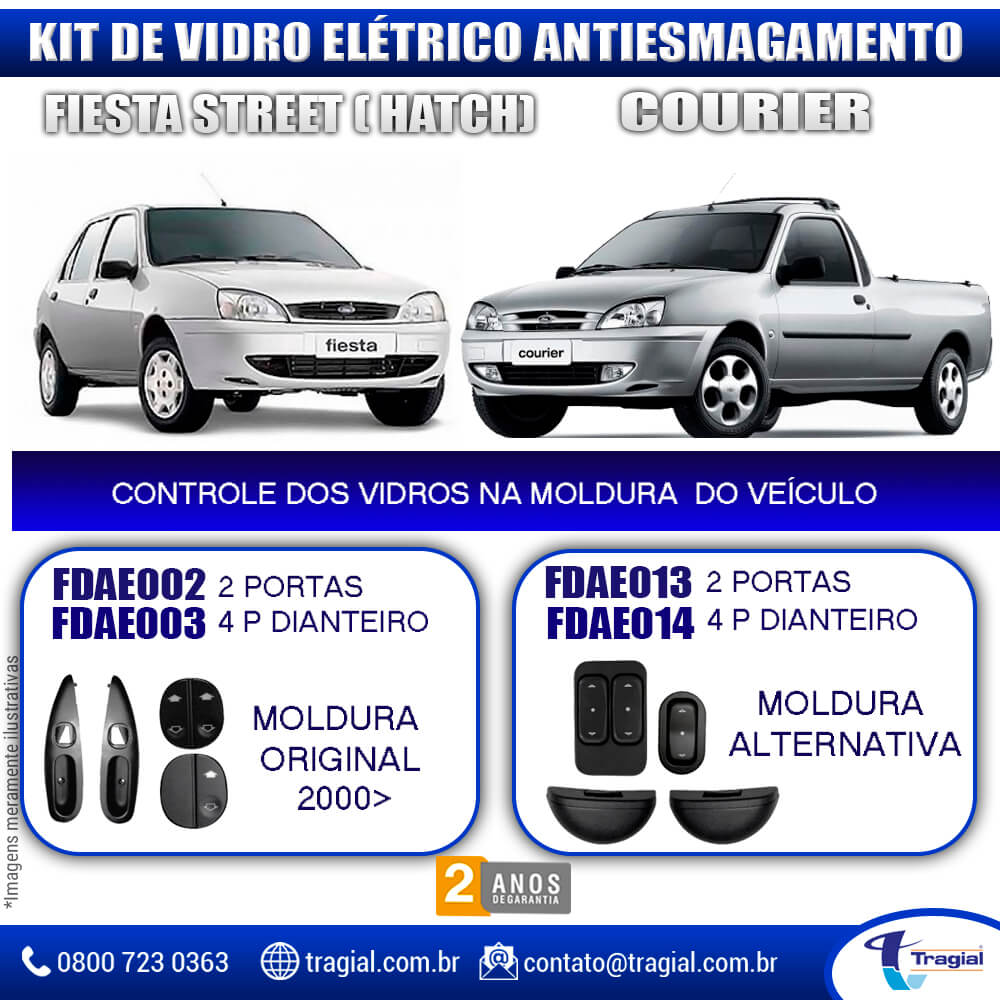 Kit Vidro Elétrico com Sistema Antiesmagamento Ford Fiesta Street até 1999 2 Portas Tragial