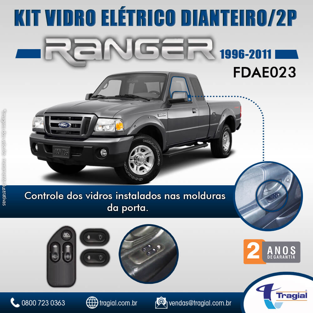 Kit Vidro Elétrico com Sistema Antiesmagamento Ford Ranger 1996-2011 4 Portas Dianteiro Tragial