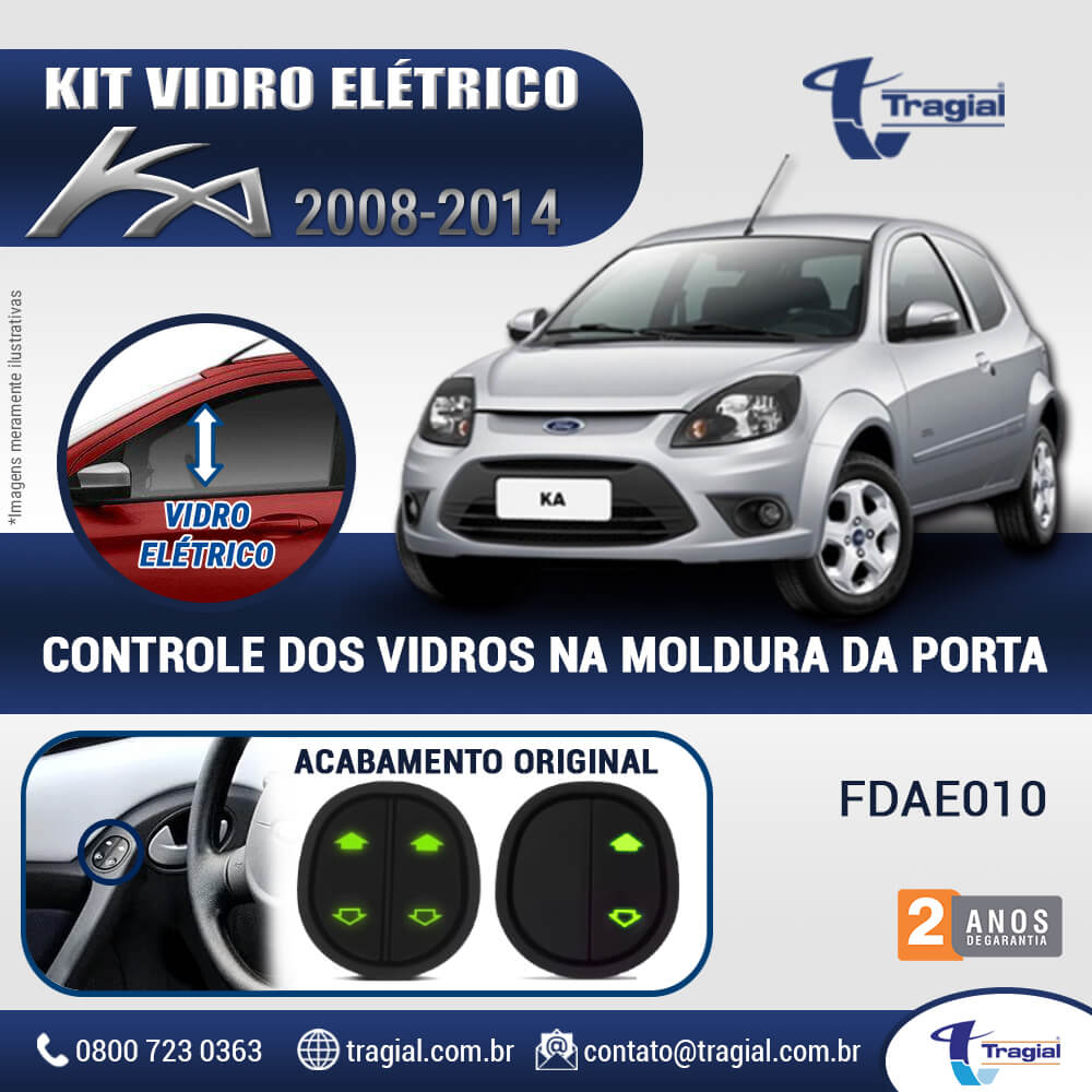 Kit Vidro Elétrico com Sistema Antiesmagamento Ford KA  2008-2014 2 Portas Chicote com Terminal de Coluna Tragial