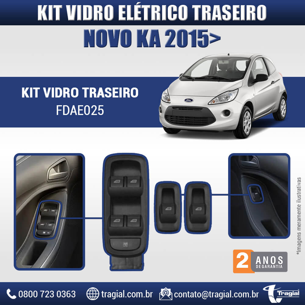 Kit Vidro Elétrico com Sistema Antiesmagamento Ford Novo KA 2015 em Diante 4 Portas Traseiro Tragial