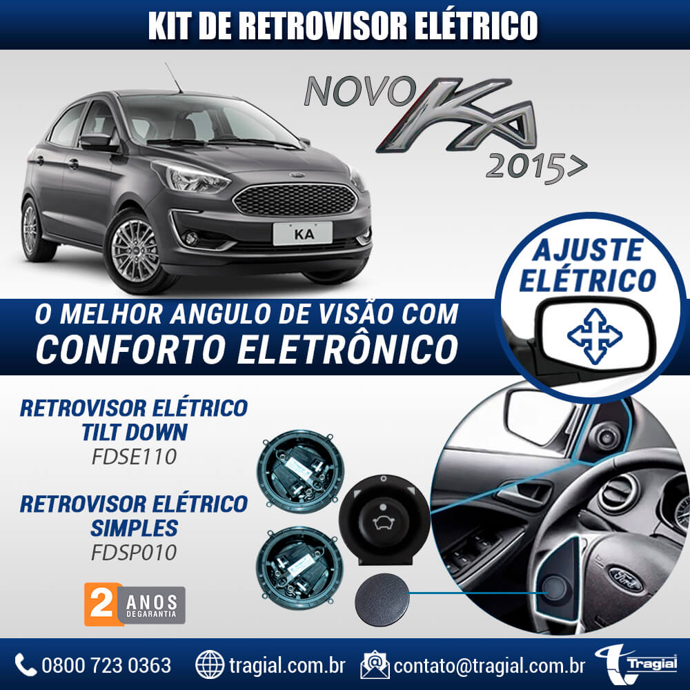 Kit Retrovisor Elétrico Sensorizado ( Tilt Down )  Ford Novo Ka 2015> c/ Tapa Buraco Tragial