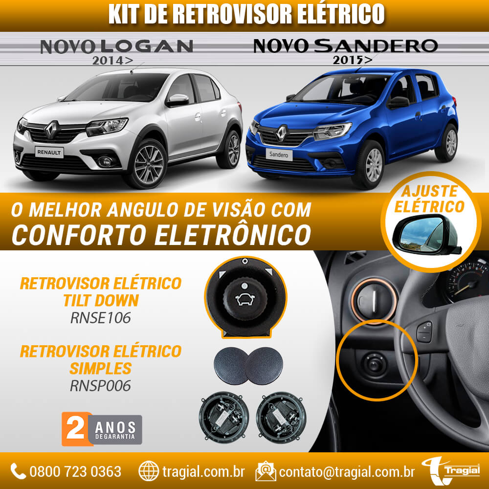 Kit Retrovisor Elétrico Simples Renault Novo Logan 2014> Alternativo Tragial