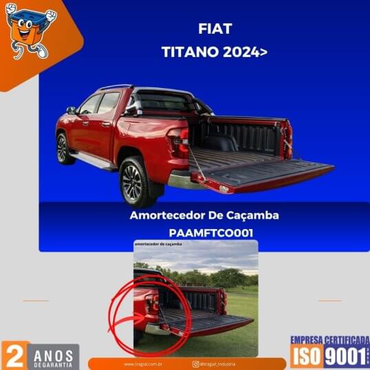 Amortecedor de caçamba para Fiat Titano 2024, acessório automotivo que facilita a abertura e fechamento suave da tampa traseira, proporcionando mais segurança, praticidade e durabilidade no uso diário da picape.